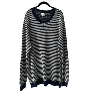 Frank And Oak Crochet Knit Sweater Round Neck Striped Pattern Blue White XXL